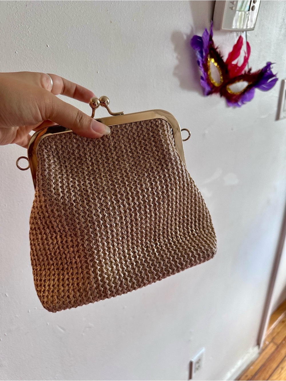 Woven Frame Clutch in Beige with Gold Trim